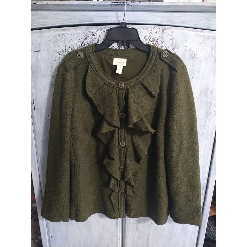 Chicos Wool Ruffled Button Up Coat Olive Green Size 2 Boho Feminine